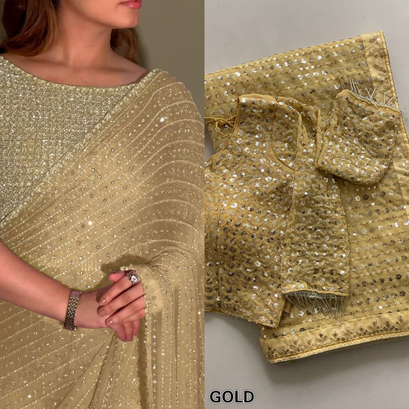Luxury Bollywood Sequin Saree – Heavy Faux Georgette with Multi Embroidery Border