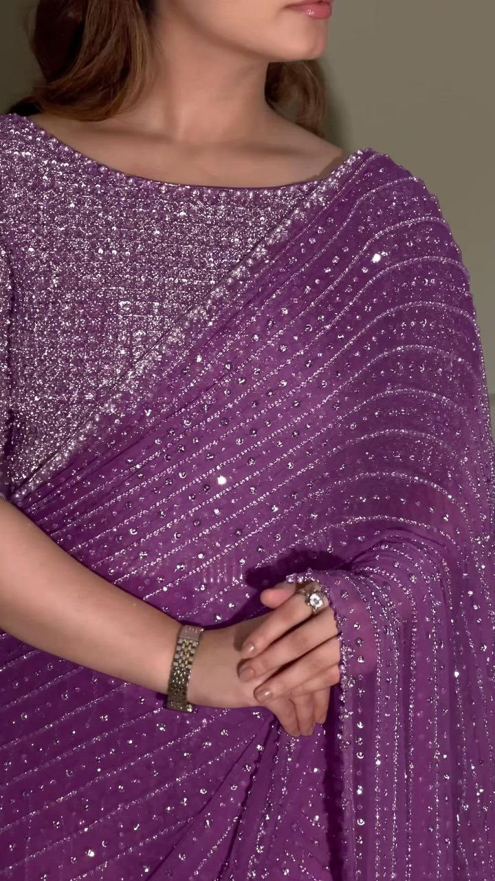 Luxury Bollywood Sequin Saree – Heavy Faux Georgette with Multi Embroidery Border