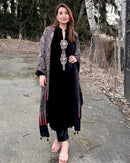 Exclusive Velvet Embroidery Pant Set with Ajrakh Chinon Dupatta