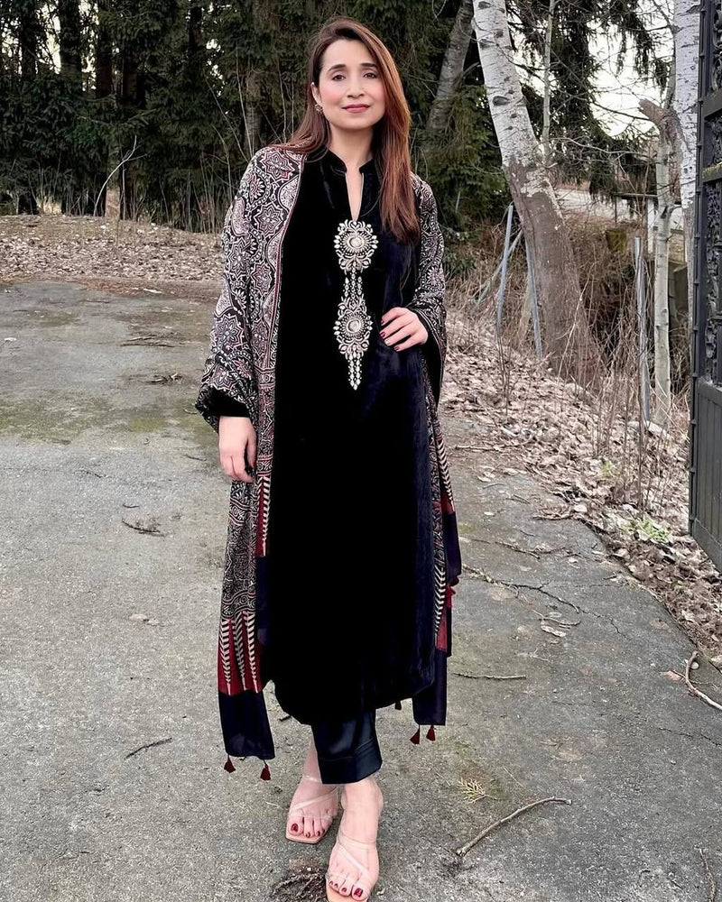 Exclusive Velvet Embroidery Pant Set with Ajrakh Chinon Dupatta