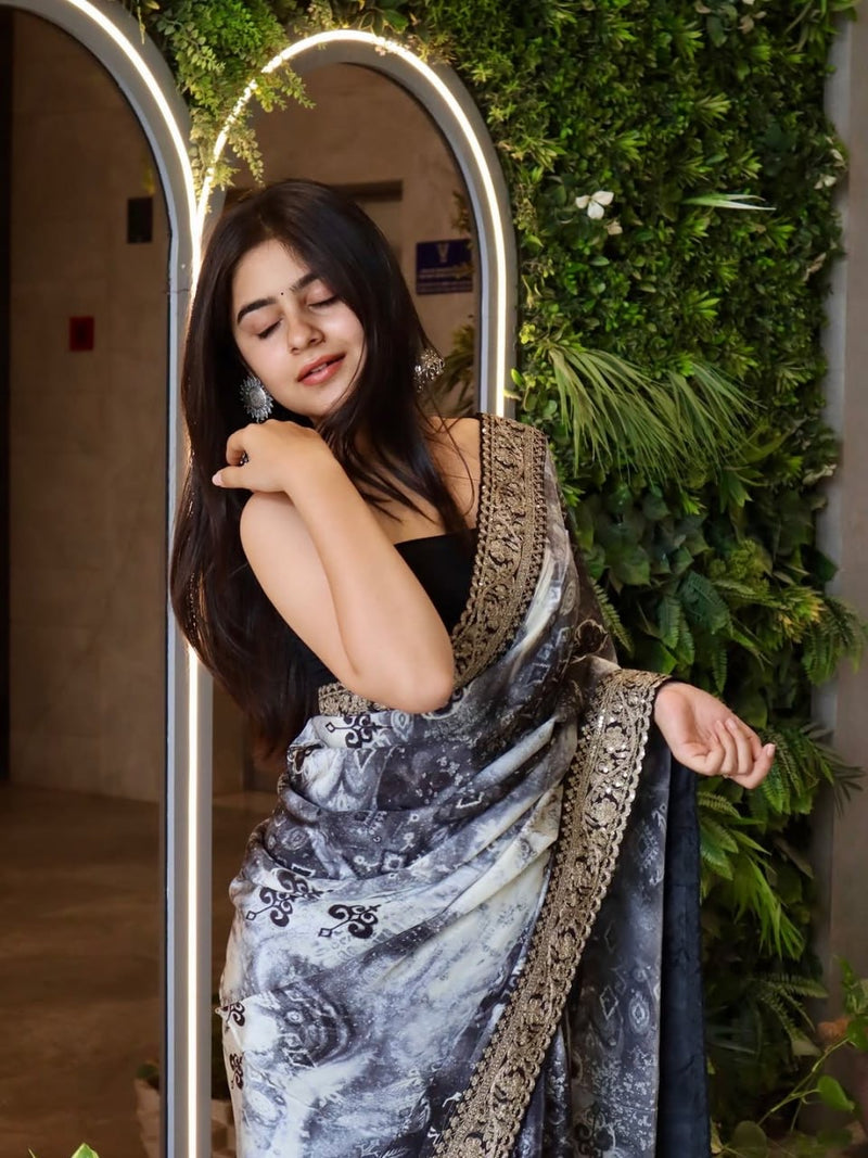 DreamWeave Georgette Saree – Digital Print with Sequins & Embroidery Lace Border