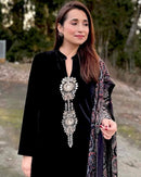 Exclusive Velvet Embroidery Pant Set with Ajrakh Chinon Dupatta