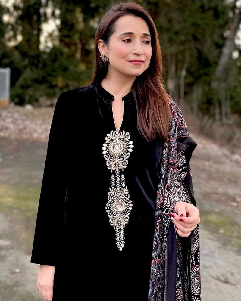 Exclusive Velvet Embroidery Pant Set with Ajrakh Chinon Dupatta