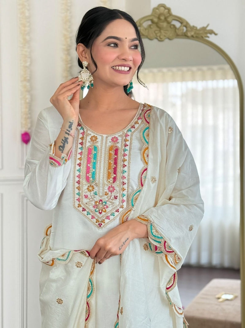 Tevisha House White Rinkal Embroidered Kurta Pant Dupatta Set