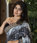 DreamWeave Georgette Saree – Digital Print with Sequins & Embroidery Lace Border