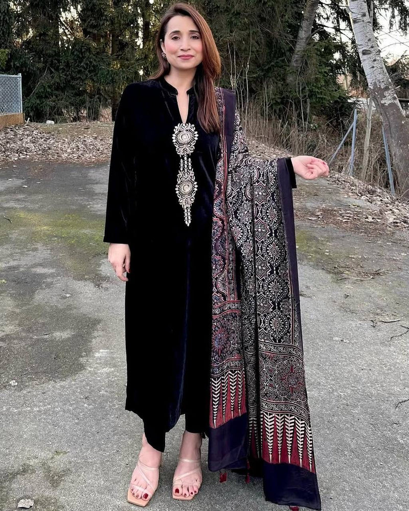 Exclusive Velvet Embroidery Pant Set with Ajrakh Chinon Dupatta