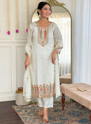 Tevisha House White Rinkal Embroidered Kurta Pant Dupatta Set
