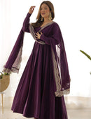 Sakhi Wine Anarkali Gown Set in Georgette with Embroidered Dupatta