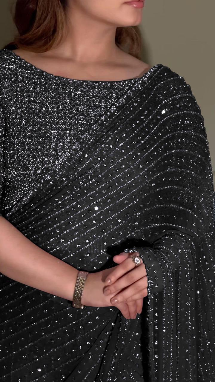 Luxury Bollywood Sequin Saree – Heavy Faux Georgette with Multi Embroidery Border