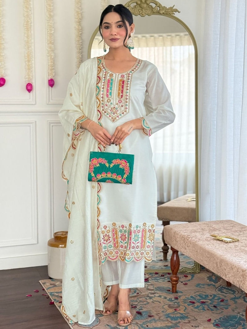 Tevisha House White Rinkal Embroidered Kurta Pant Dupatta Set
