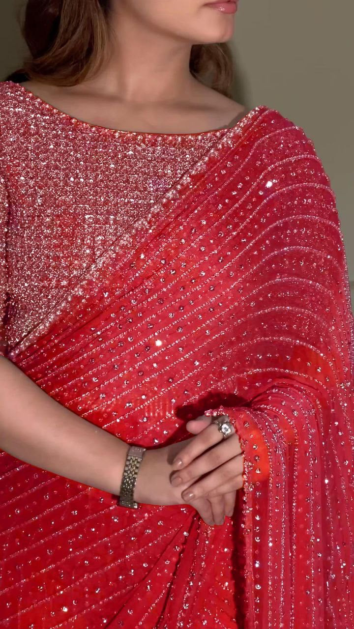 Luxury Bollywood Sequin Saree – Heavy Faux Georgette with Multi Embroidery Border