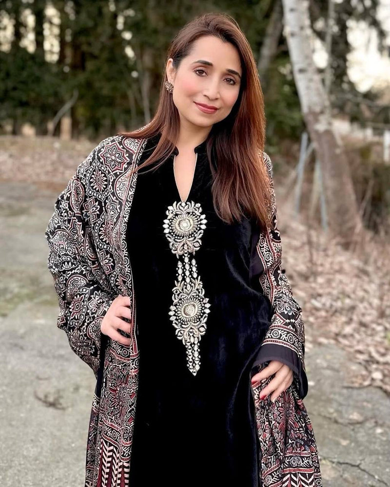 Exclusive Velvet Embroidery Pant Set with Ajrakh Chinon Dupatta