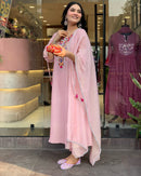 Baby Pink Embroidered Tesla Silk Kurta Pant Set with Organza Dupatta – Elegant Women’s Festive Wear