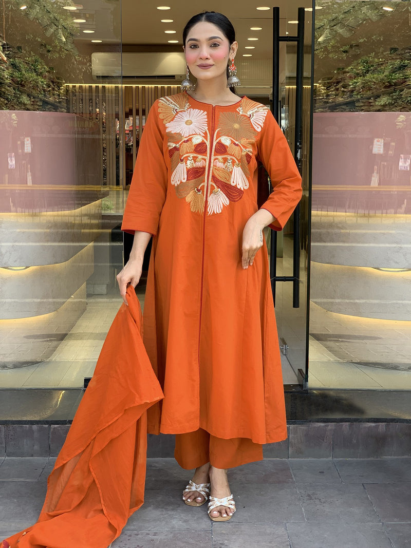 Designer Orange Embroidered Kurta Palazzo Set with Dupatta