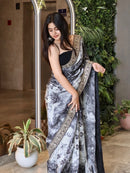 DreamWeave Georgette Saree – Digital Print with Sequins & Embroidery Lace Border