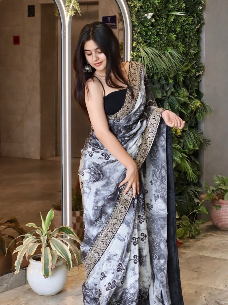 DreamWeave Georgette Saree – Digital Print with Sequins & Embroidery Lace Border