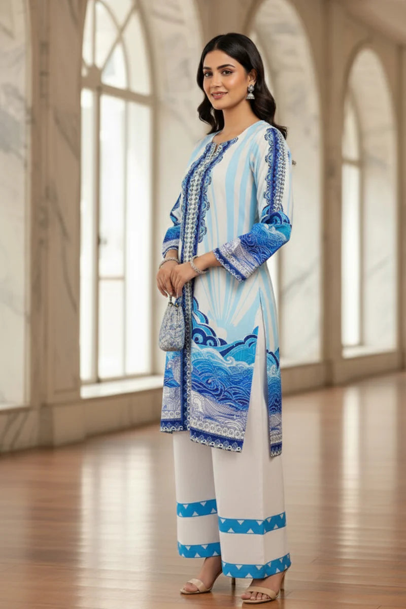 Elegant Blue Digital Print Suit Set for Women – New Arrival