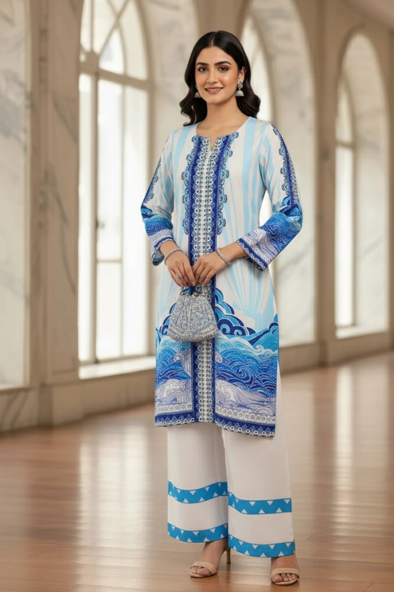 Elegant Blue Digital Print Suit Set for Women – New Arrival