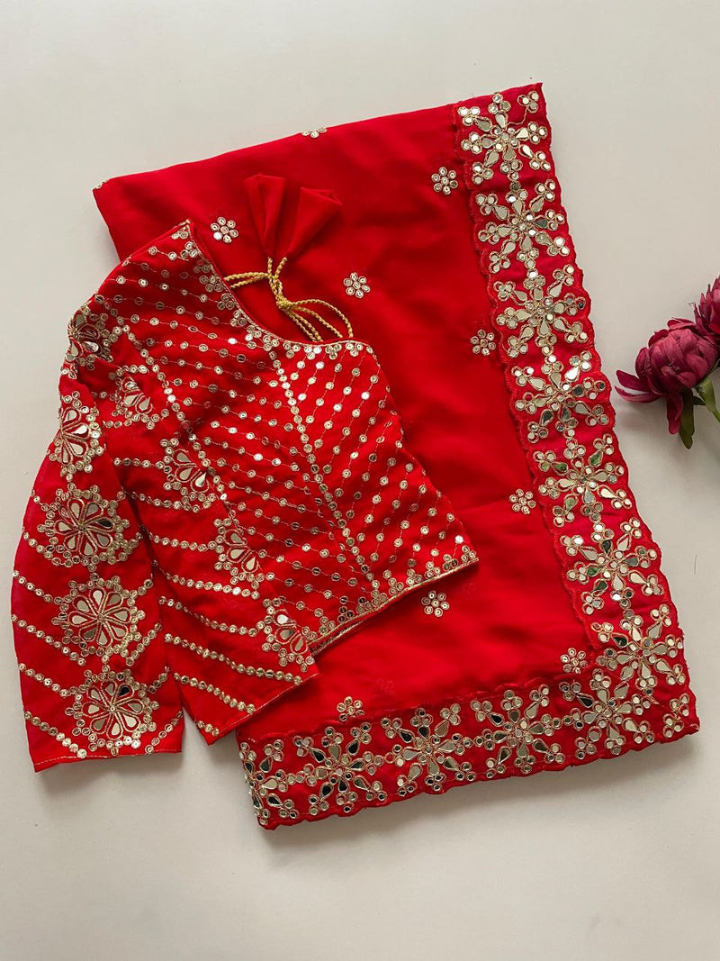 Premium Faux Georgette Sequin Saree with Heavy Mirror Embroidered Stitched Blouse
