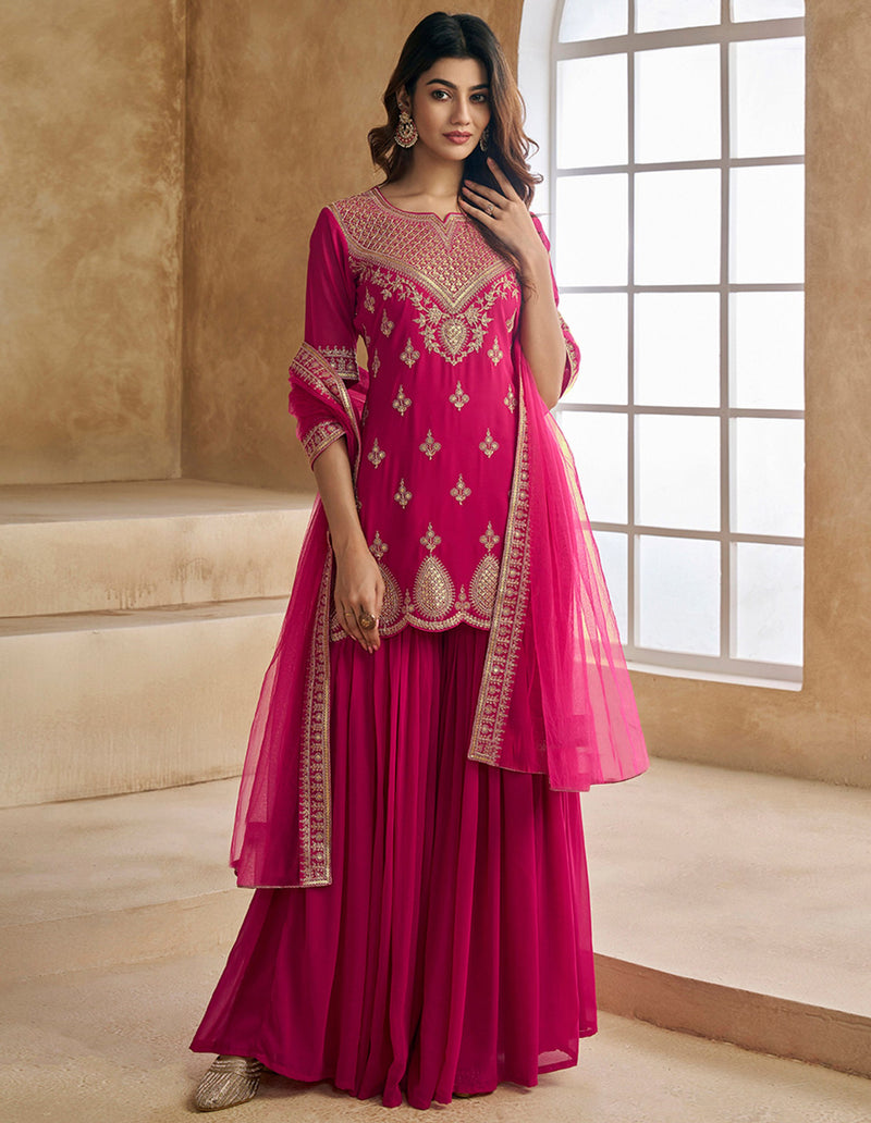 Pink Georgette Embroidered Kurta Sharara Dupatta Set – Premium Party Wear