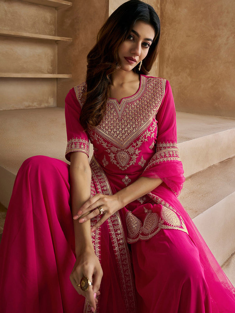 Pink Georgette Embroidered Kurta Sharara Dupatta Set – Premium Party Wear