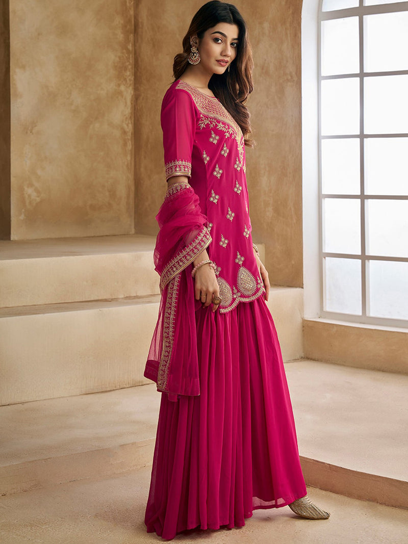 Pink Georgette Embroidered Kurta Sharara Dupatta Set – Premium Party Wear