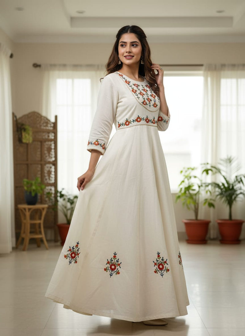Pure Khadi Cotton Embroidered Anarkali Gown with Cotton Lining – Premium Ethnic Wear | Comfortable Party & Festive Collection