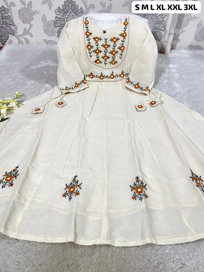 Pure Khadi Cotton Embroidered Anarkali Gown with Cotton Lining – Premium Ethnic Wear | Comfortable Party & Festive Collection