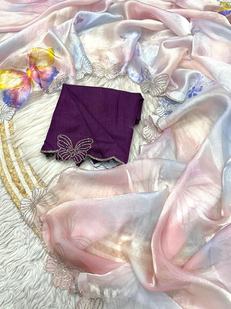 Selena Satin Luxe – Fandy Satin Digital Print Saree with Jarkan & Siroski Work