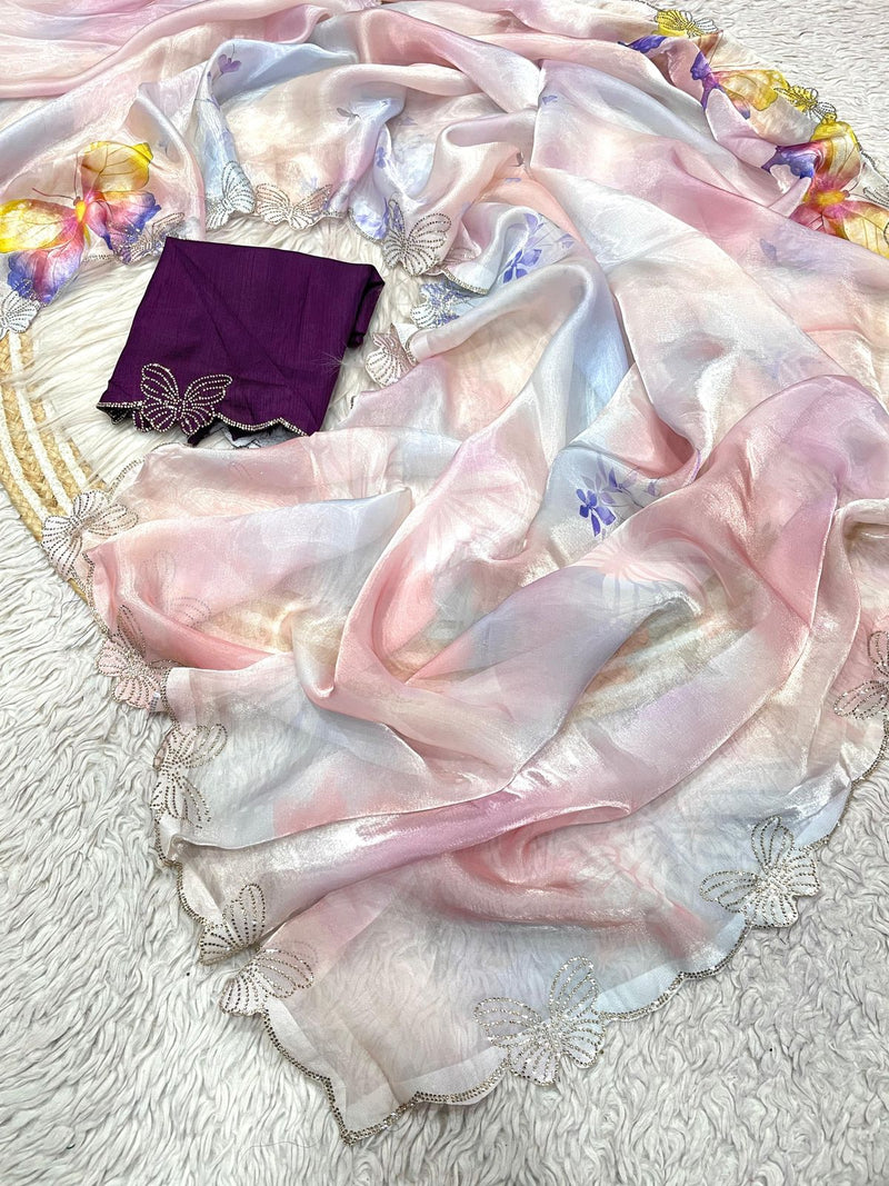 Selena Satin Luxe – Fandy Satin Digital Print Saree with Jarkan & Siroski Work