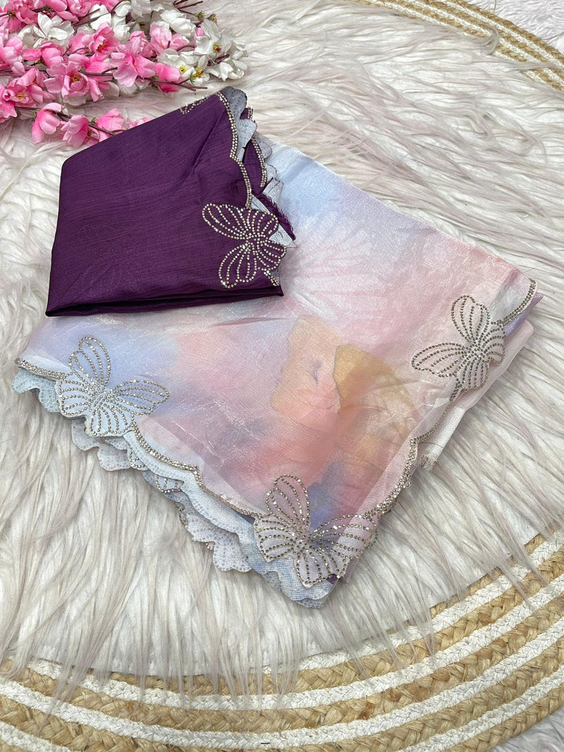 Selena Satin Luxe – Fandy Satin Digital Print Saree with Jarkan & Siroski Work