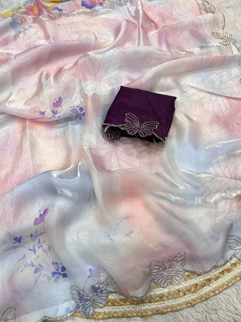 Selena Satin Luxe – Fandy Satin Digital Print Saree with Jarkan & Siroski Work