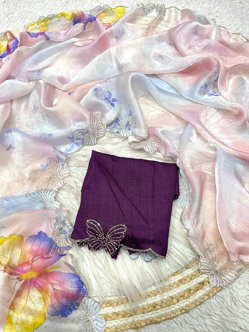 Selena Satin Luxe – Fandy Satin Digital Print Saree with Jarkan & Siroski Work