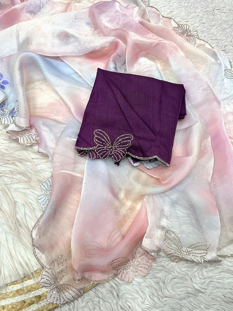 Selena Satin Luxe – Fandy Satin Digital Print Saree with Jarkan & Siroski Work