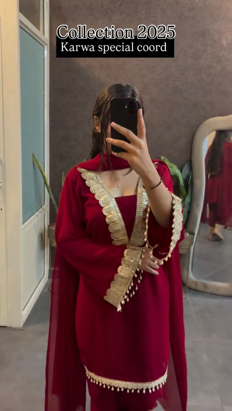 Tevisha House Dno 5306 Karwa Special Collection 2025 | Designer Faux Georgette Embroidered Top Pant Dupatta Set – Party Wear Outfit for Women