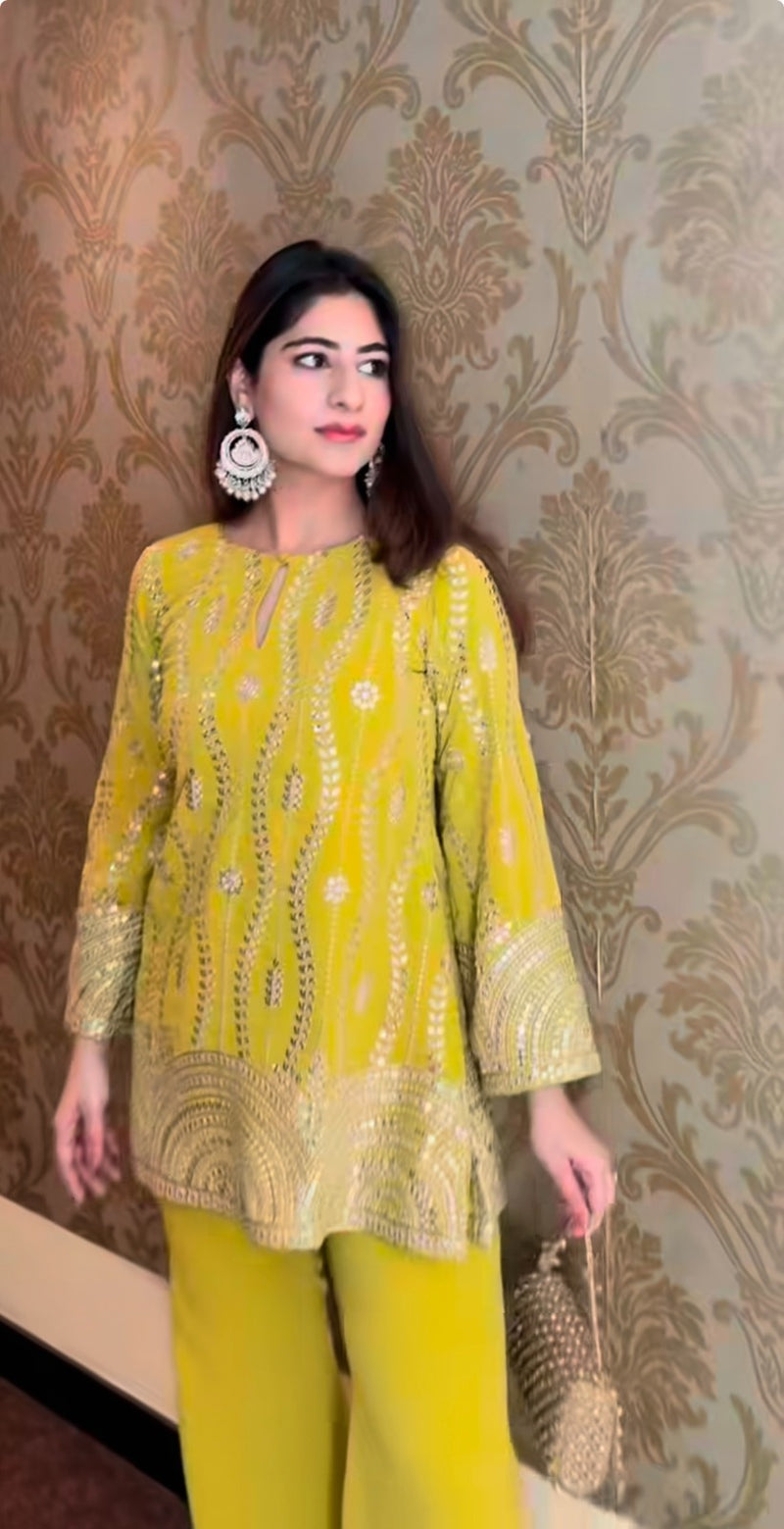 Elara Grace Fox Georgette Embroidery Top & Plazzo – Partywear Set