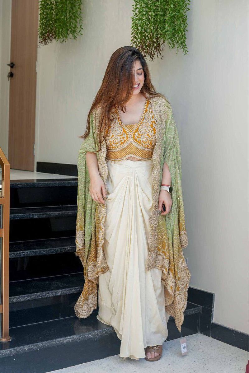 Royal Bandhani Indo-Western 3-Piece Set – Banglory Silk Top & Soft Chinon Silk Dhoti