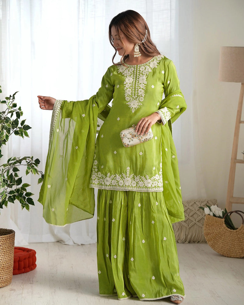 Elegant Light Green Chinon Kurta Sharara Set | Lace Dupatta | Party Wear