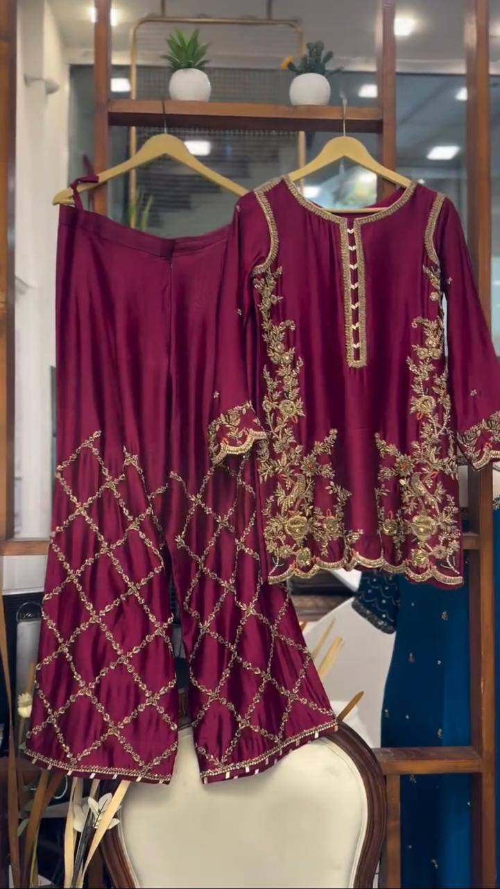 Exclusive Crape Silk Plazzo Set with Sequence Embroidery Work