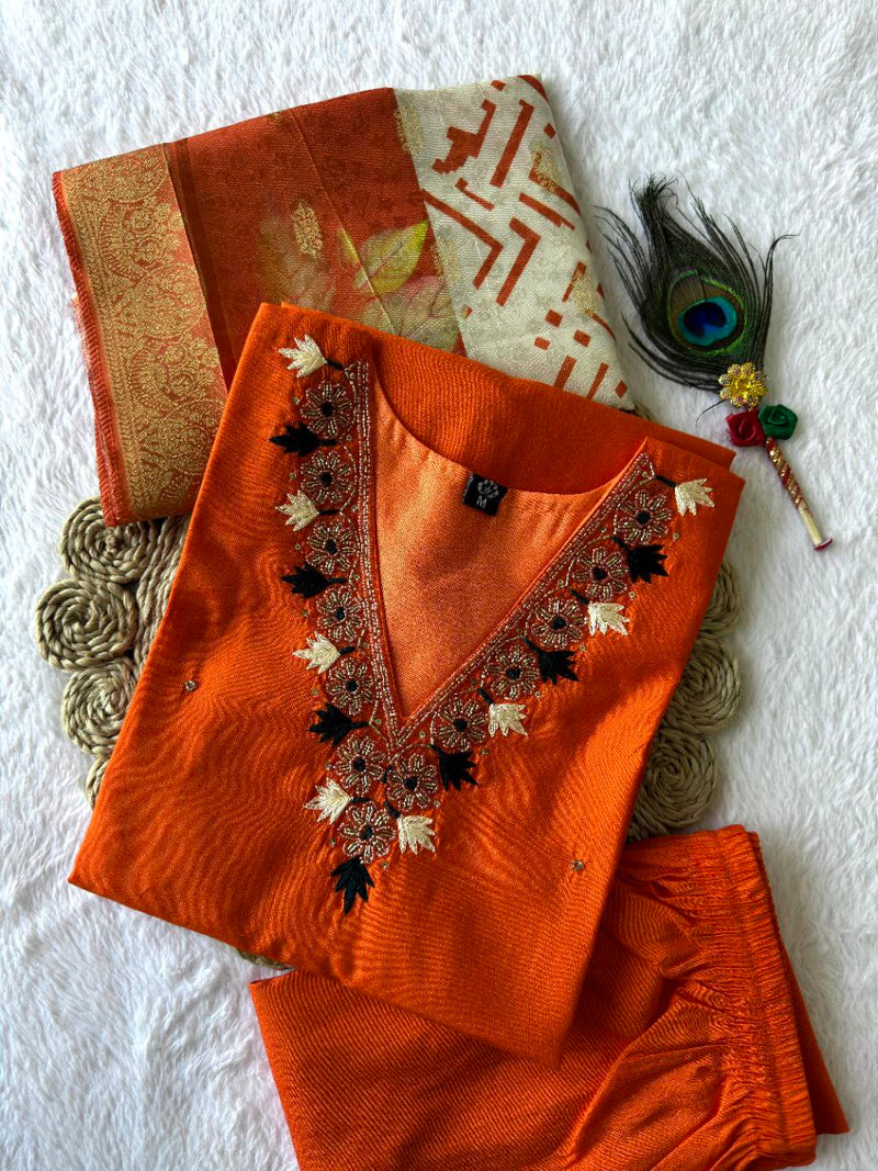 Orange Royale Roman Silk Suit – “SilkGlow Orange Edition” with Heavy Lichi Jacquard Dupatta & Hand Work