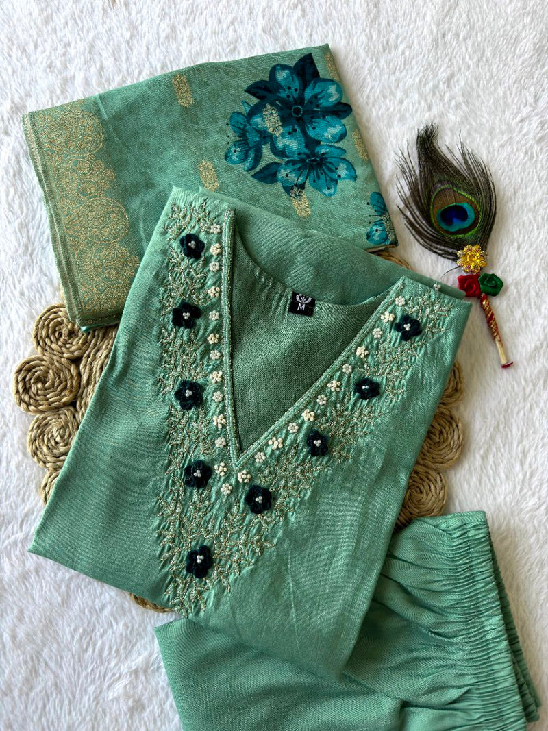 Emerald Charm Roman Silk Suit – C-Green Hand Work Dress with Heavy Lichi Jacquard Dupatta