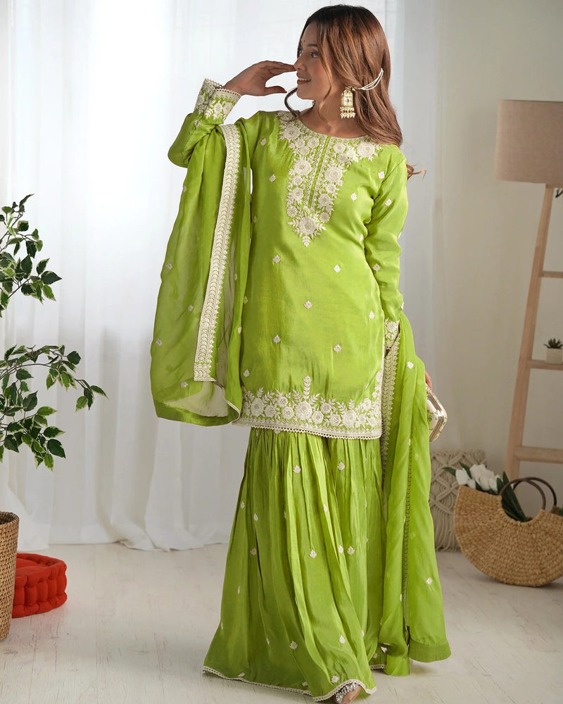 Elegant Light Green Chinon Kurta Sharara Set | Lace Dupatta | Party Wear