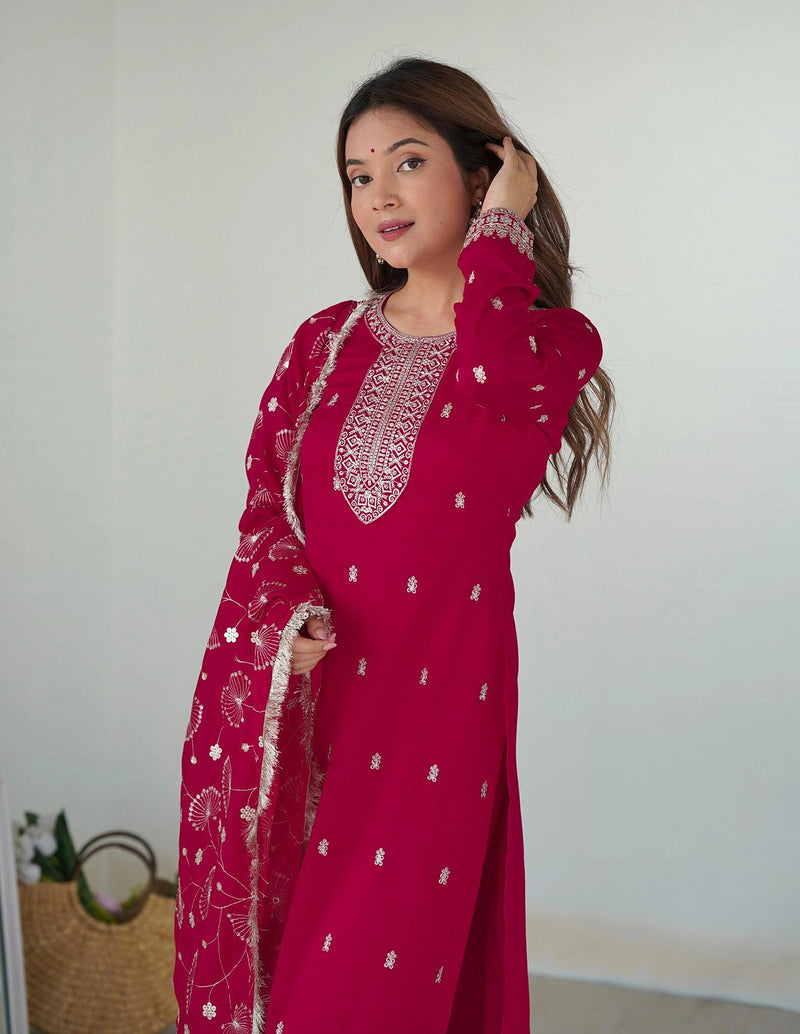 Pink Valam Georgette Embroidered Kurta Pant Dupatta Set – Premium Collection