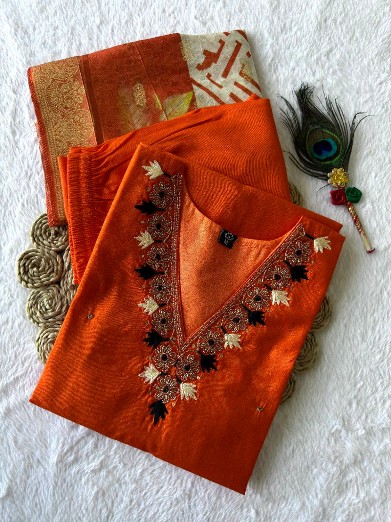 Orange Royale Roman Silk Suit – “SilkGlow Orange Edition” with Heavy Lichi Jacquard Dupatta & Hand Work