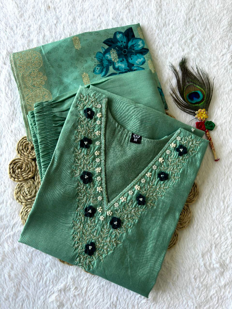 Emerald Charm Roman Silk Suit – C-Green Hand Work Dress with Heavy Lichi Jacquard Dupatta