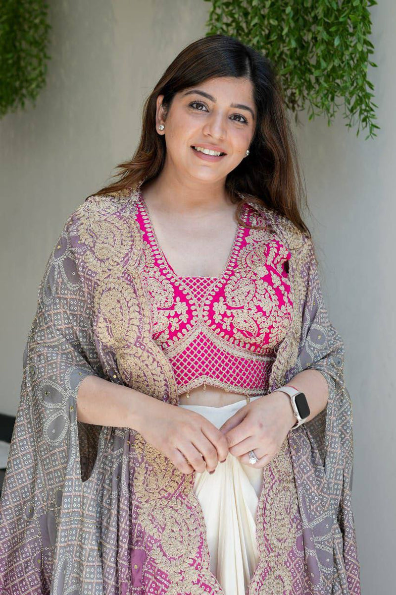 Royal Bandhani Indo-Western 3-Piece Set – Banglory Silk Top & Soft Chinon Silk Dhoti