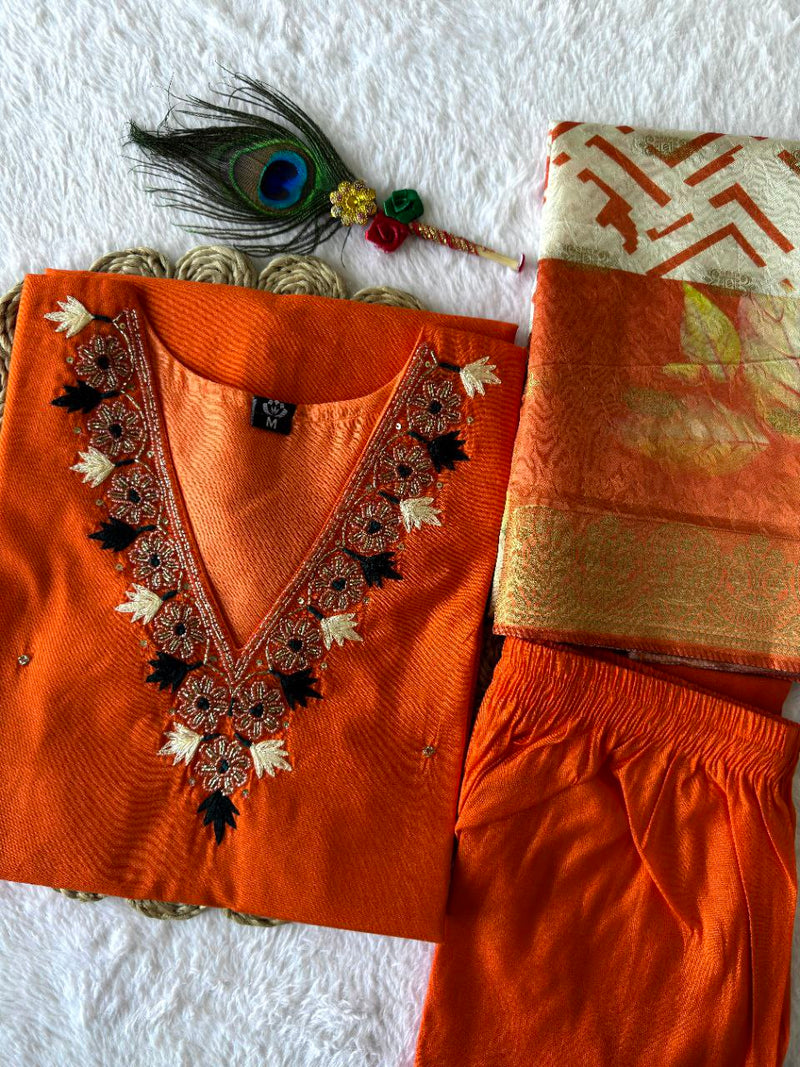 Orange Royale Roman Silk Suit – “SilkGlow Orange Edition” with Heavy Lichi Jacquard Dupatta & Hand Work