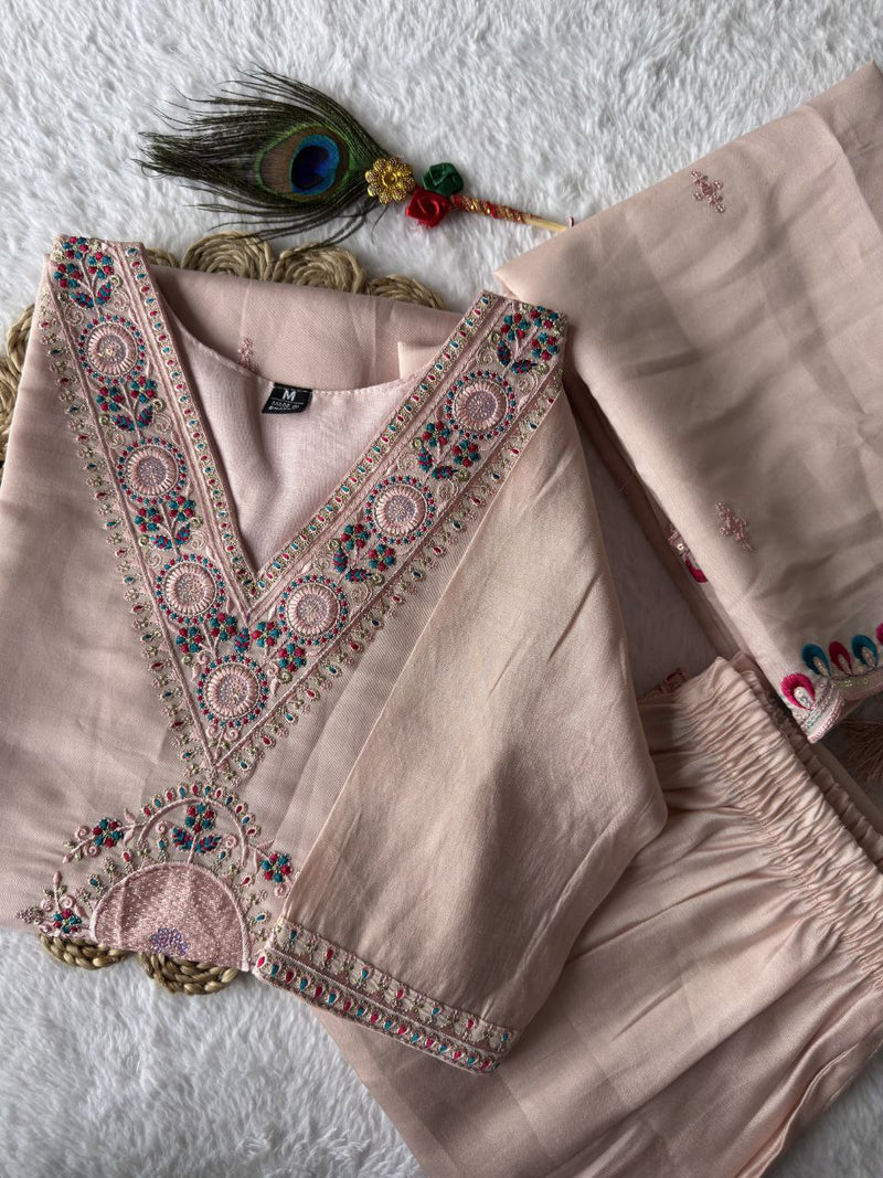 Aaradhya Light Peach Roman Silk Embroidery Suit With Sequence Dupatta – ₹1549