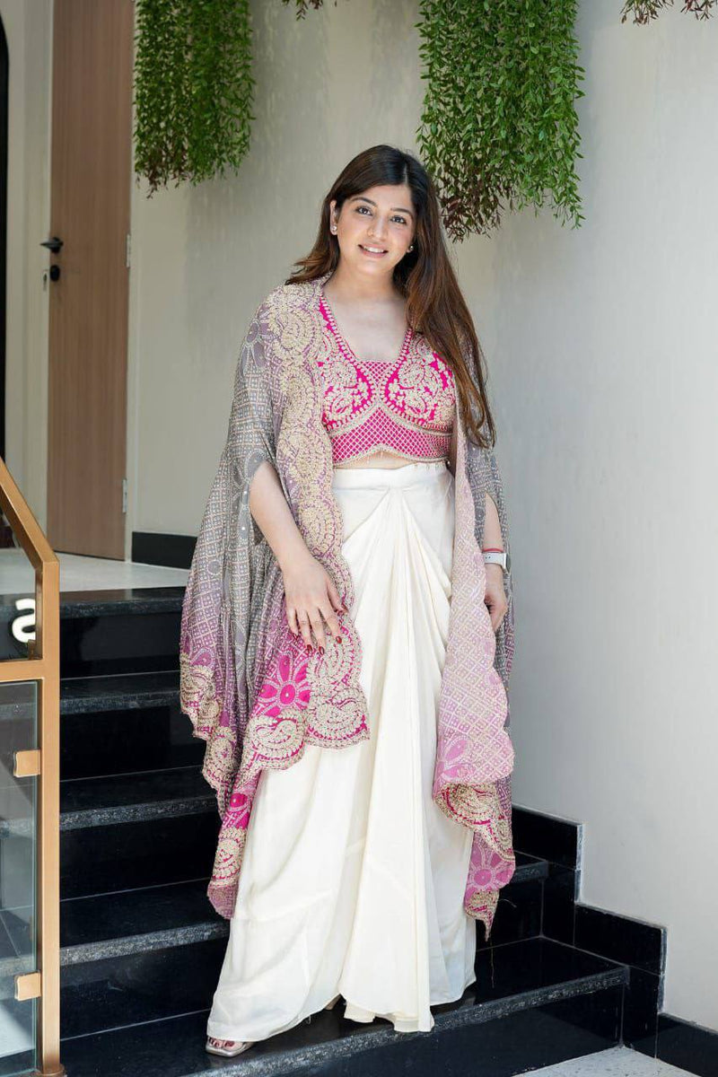 Royal Bandhani Indo-Western 3-Piece Set – Banglory Silk Top & Soft Chinon Silk Dhoti