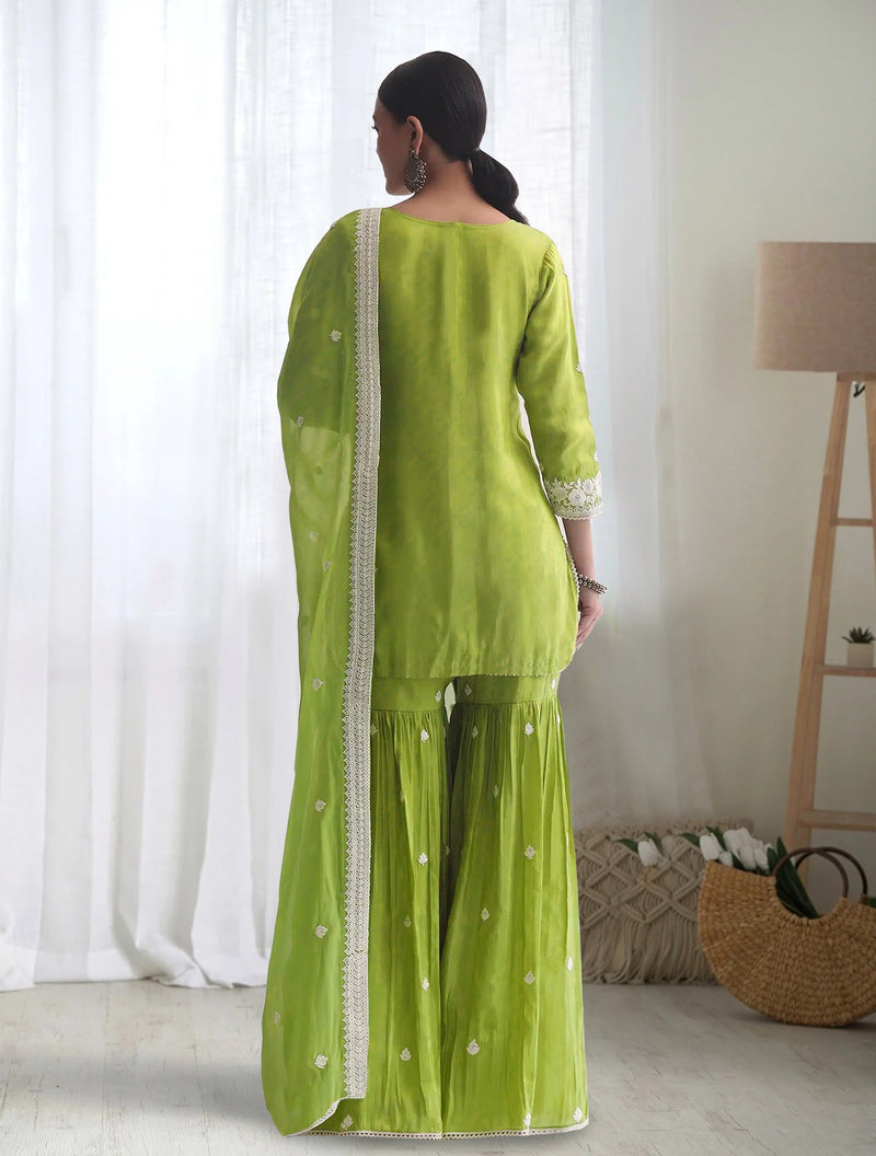 Elegant Light Green Chinon Kurta Sharara Set | Lace Dupatta | Party Wear